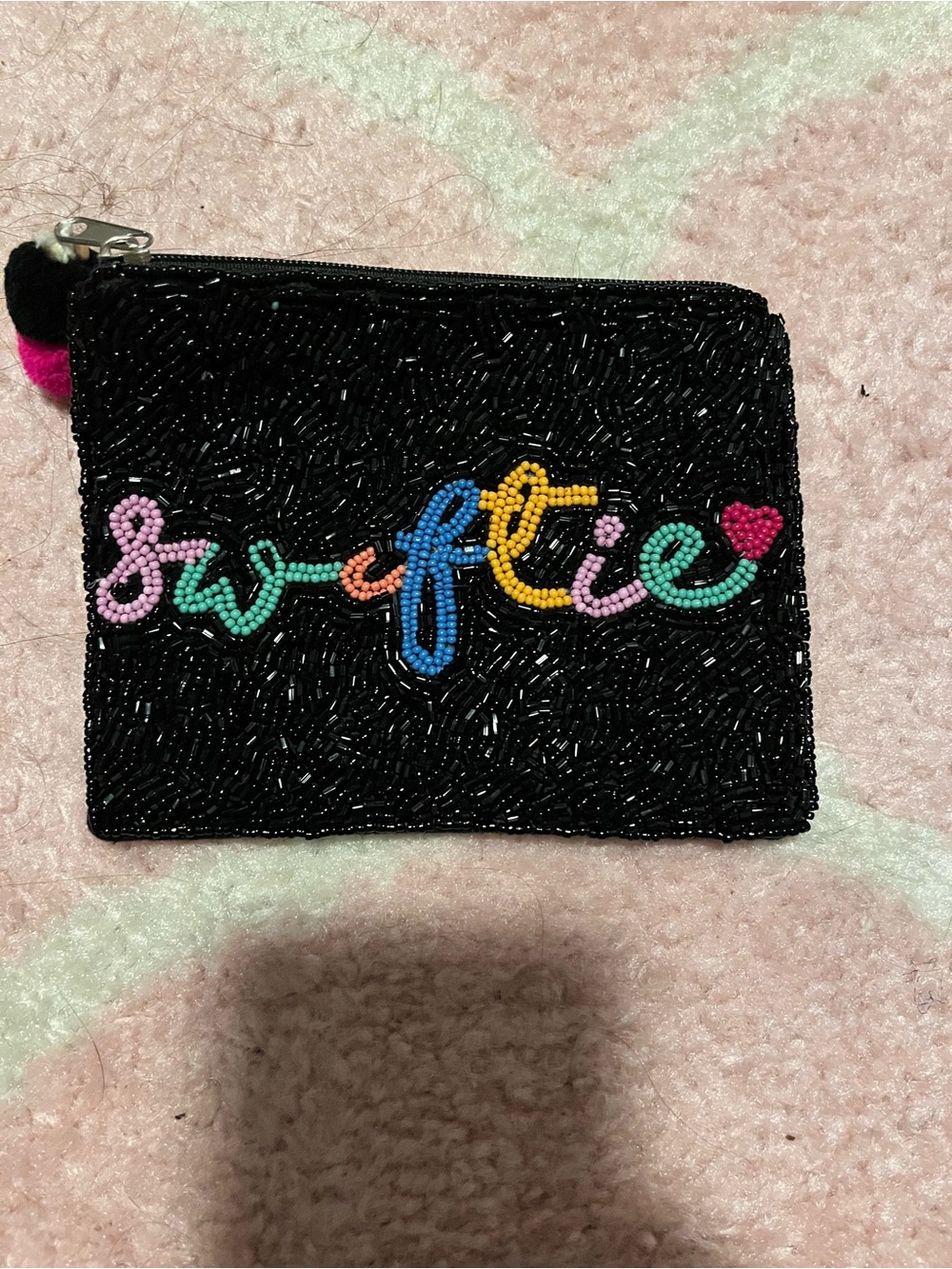 Black Beaded 'Swiftie' Zip Pouch with Multicolor Script
